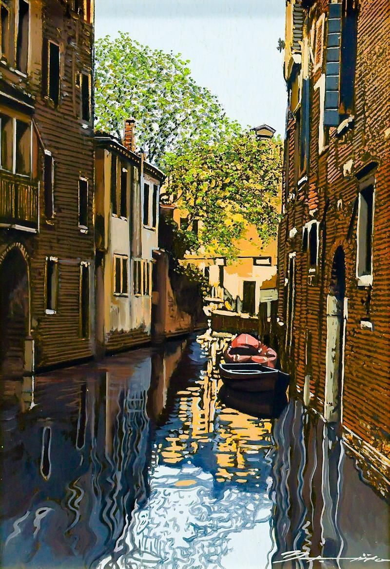 真作】【WISH】藤田西洋「ベニス運河・レンガ作りの建物」油彩 3号