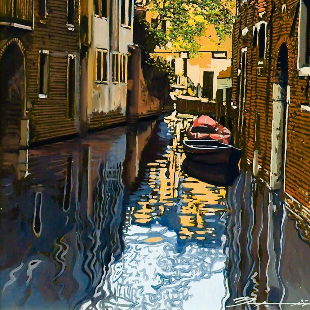 真作】【WISH】藤田西洋「ベニス運河・レンガ作りの建物」油彩 3号
