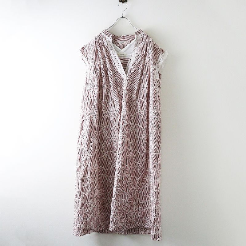 定価7万 2025SS インゲボルグ INGEBORG ストライプアイレットリボン刺繍ワンピース レッド ドレス タック スキッパー 2400014644609