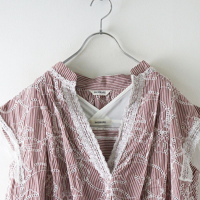 定価7万 2025 SS インゲボルグ ストライプアイレットリボン刺繍ワンピース レッド ドレス タック スキッパー