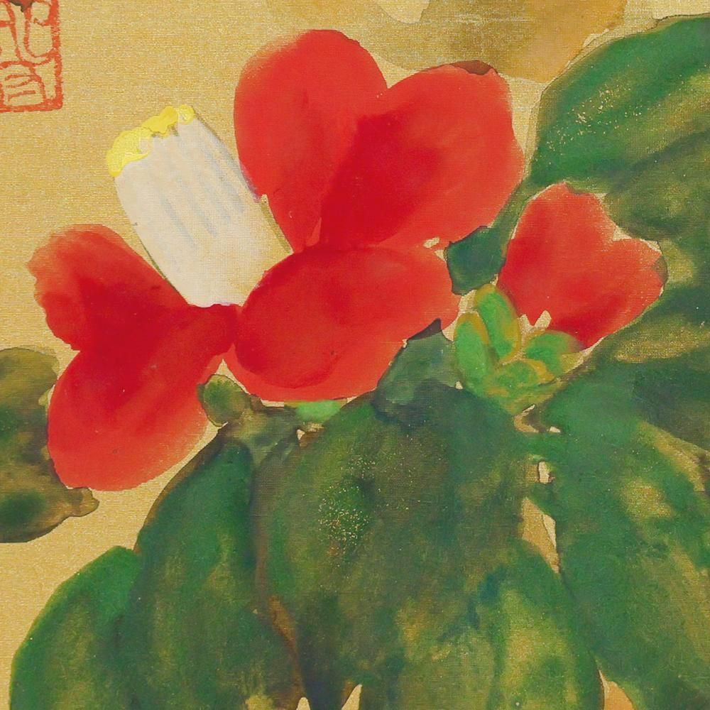 真作】【WISH】榊原紫峰「紅椿」日本画 金泥仕様 本金絹 共シール ◇艶