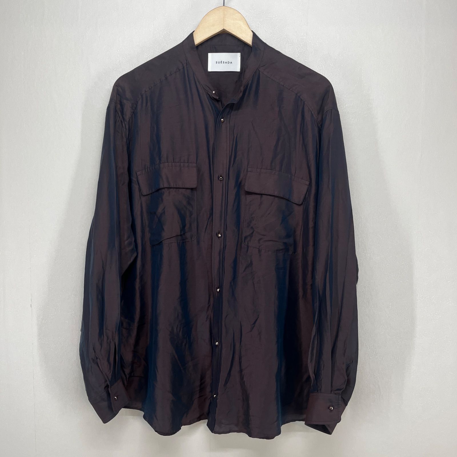 スエサダ シルク 光沢ドレスシャツ バルーン袖 ワインレッド L