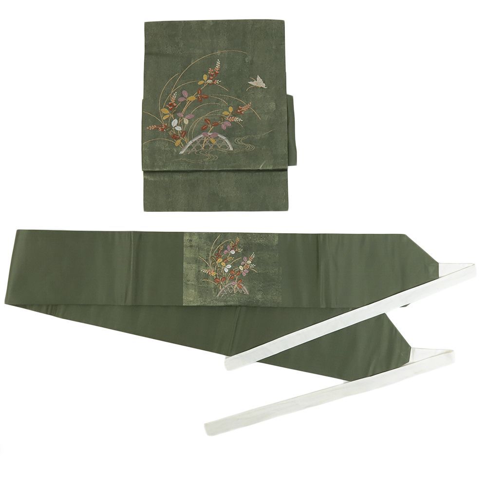 九寸名古屋帯 正絹 西陣織 唐花 全通柄 モスグリーン 深緑色 セミフォ MWR 2003051901.jpg