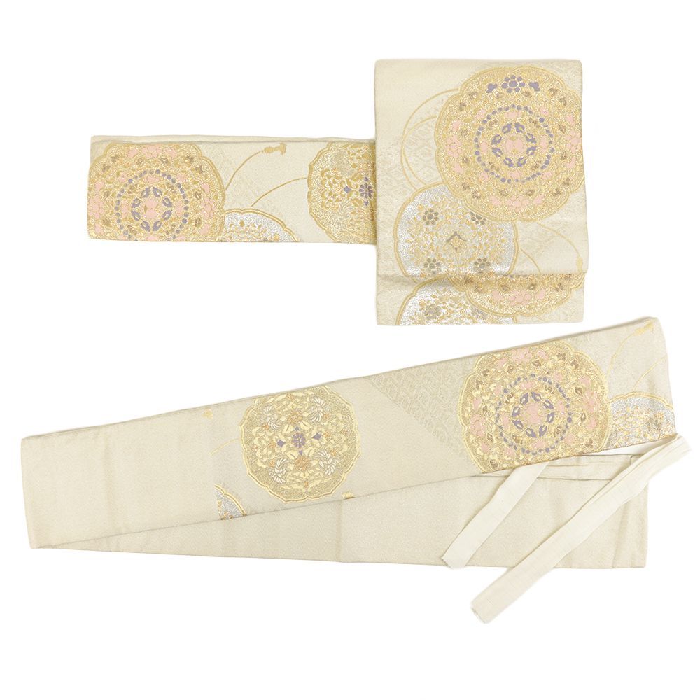 袋帯 美品 逸品 華文 明綴れ 金糸 灰白 お太鼓柄 正絹 袋帯 美品 逸品 お太鼓柄 正絹