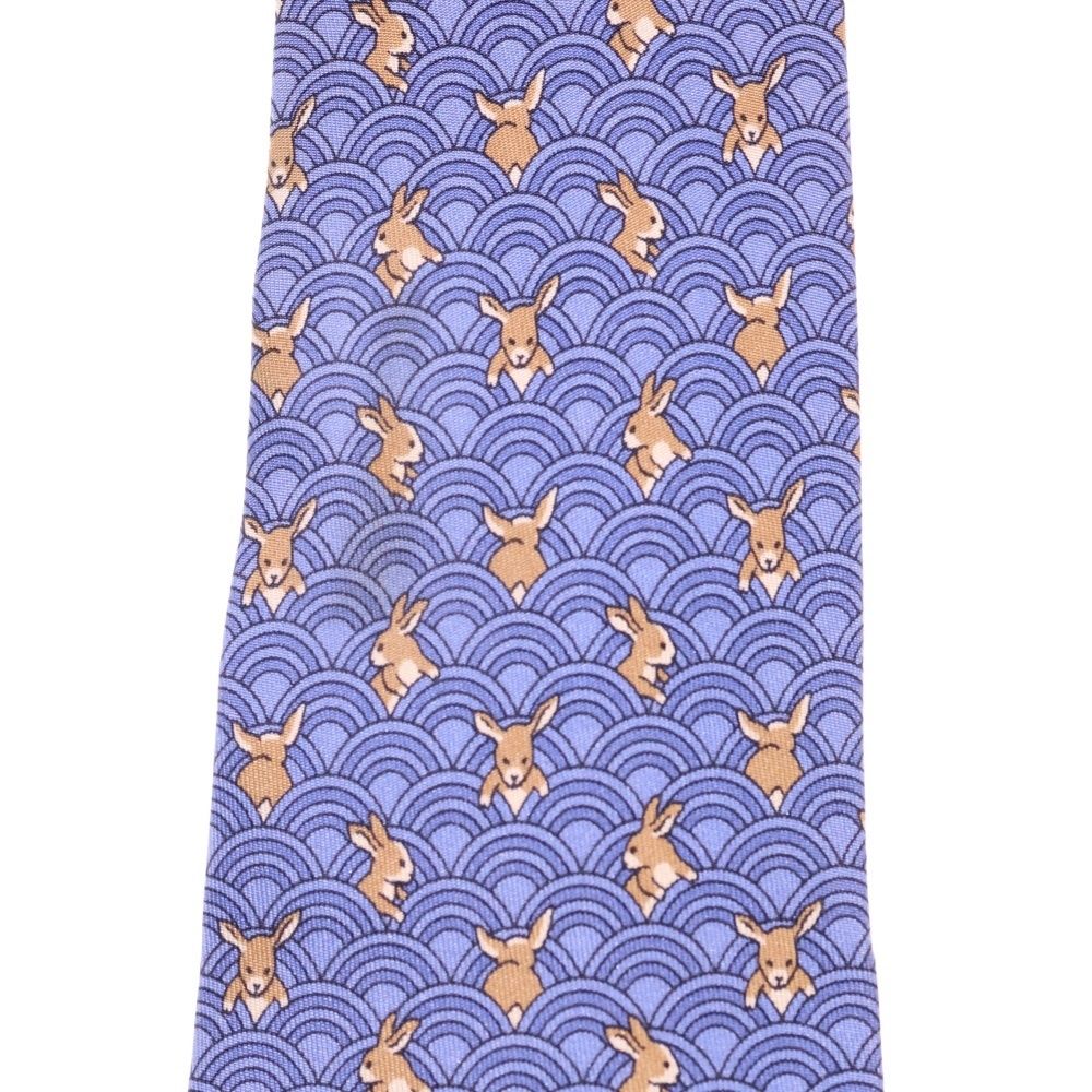 HERMES (エルメス) 総柄 ウサギ シルク ネクタイ ブルー/ベージュ
