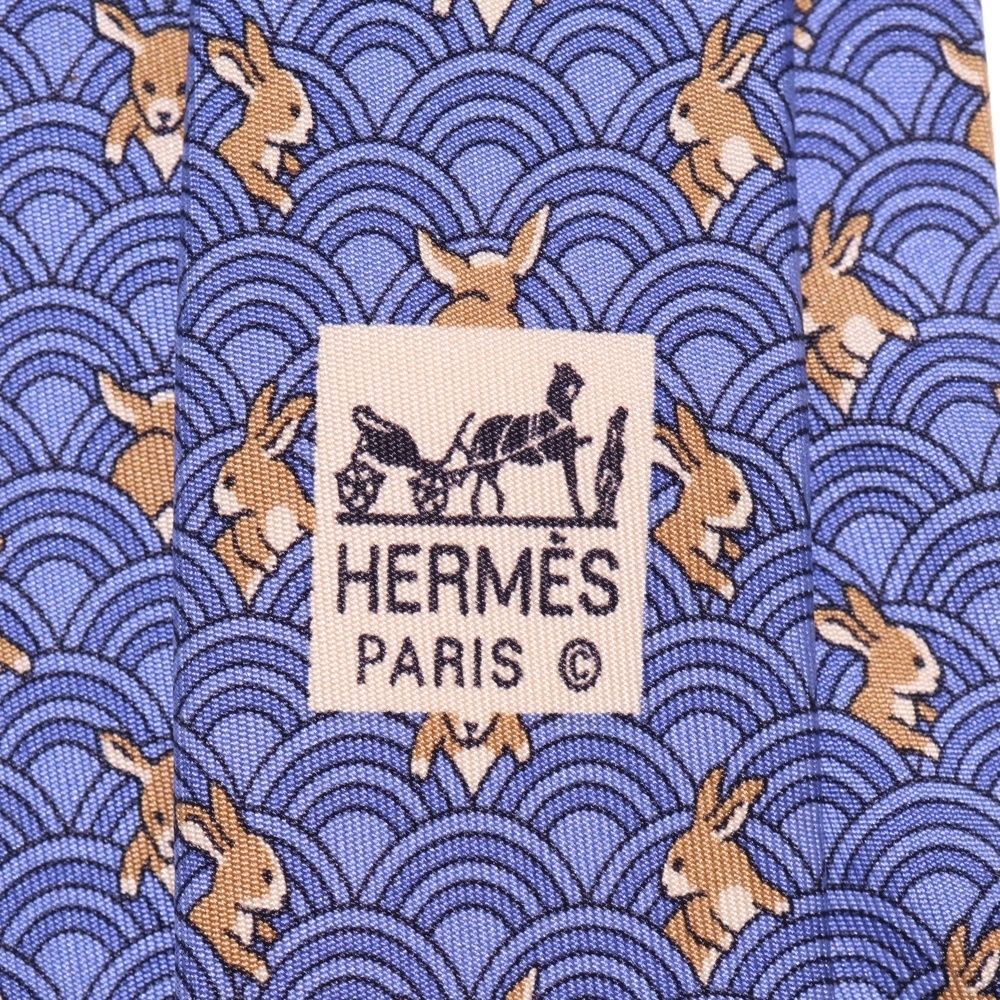 HERMES (エルメス) 総柄 ウサギ シルク ネクタイ ブルー/ベージュ