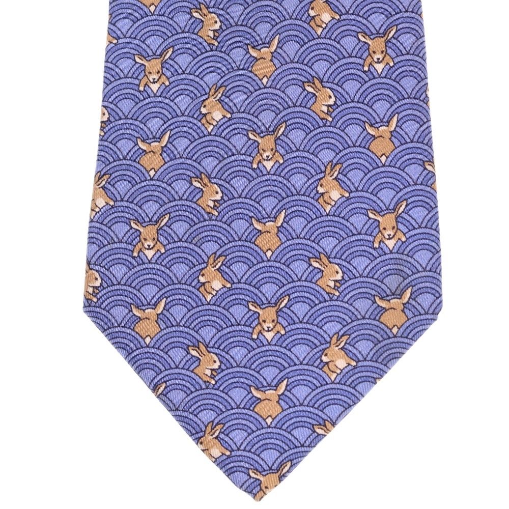 極美品✨名作✨HERMES エルメス　ネクタイ　高級シルク　ウサギ　麦畑　希少 HERMES (エルメス) 総柄 ウサギ シルク ネクタイ ブルー/ベージュ