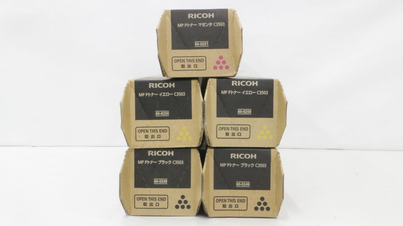 未使用 RICOH 純正 トナー C3503 3色5本（マゼンタ・イエロー・ブラック） リコー IT8XHFUC1SWG-D-F06.25-byebye