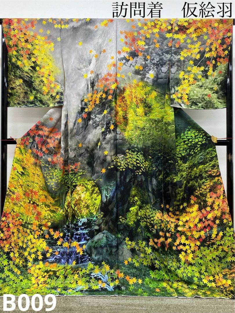 濃溝の滝 銀通し 訪問着 仮絵羽 未仕立て品 風景画 紅葉 紋意匠 正絹