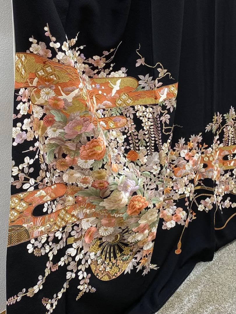 蘇州刺繍 汕頭刺繍 黒留袖 蜀江文 花車 鳥 七宝繋ぎ 比翼仕立て 正絹