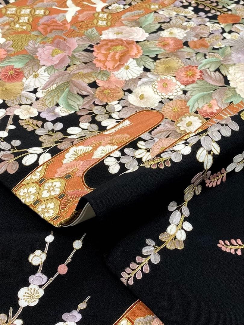 蘇州刺繍 汕頭刺繍 黒留袖 蜀江文 花車 鳥 七宝繋ぎ 比翼仕立て 正絹