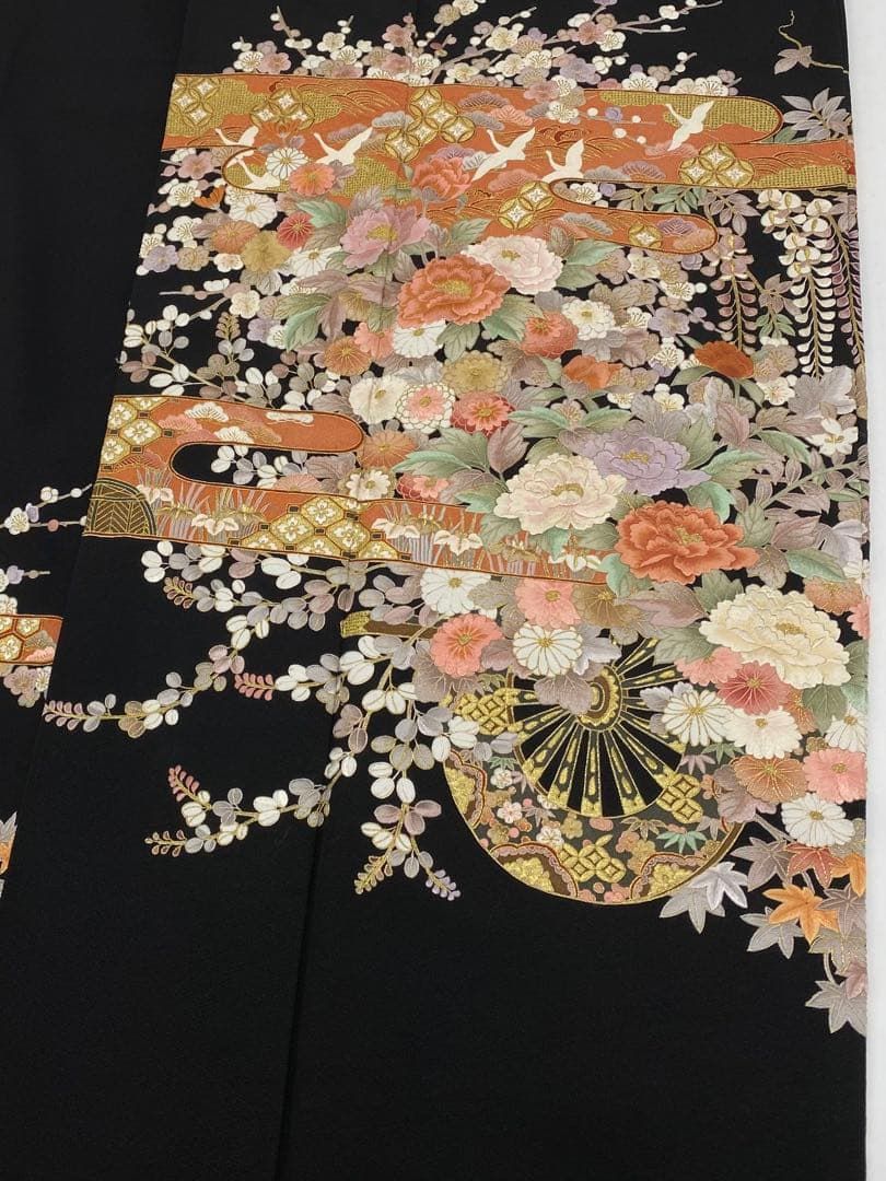 蘇州刺繍 汕頭刺繍 黒留袖 蜀江文 花車 鳥 七宝繋ぎ 比翼仕立て 正絹