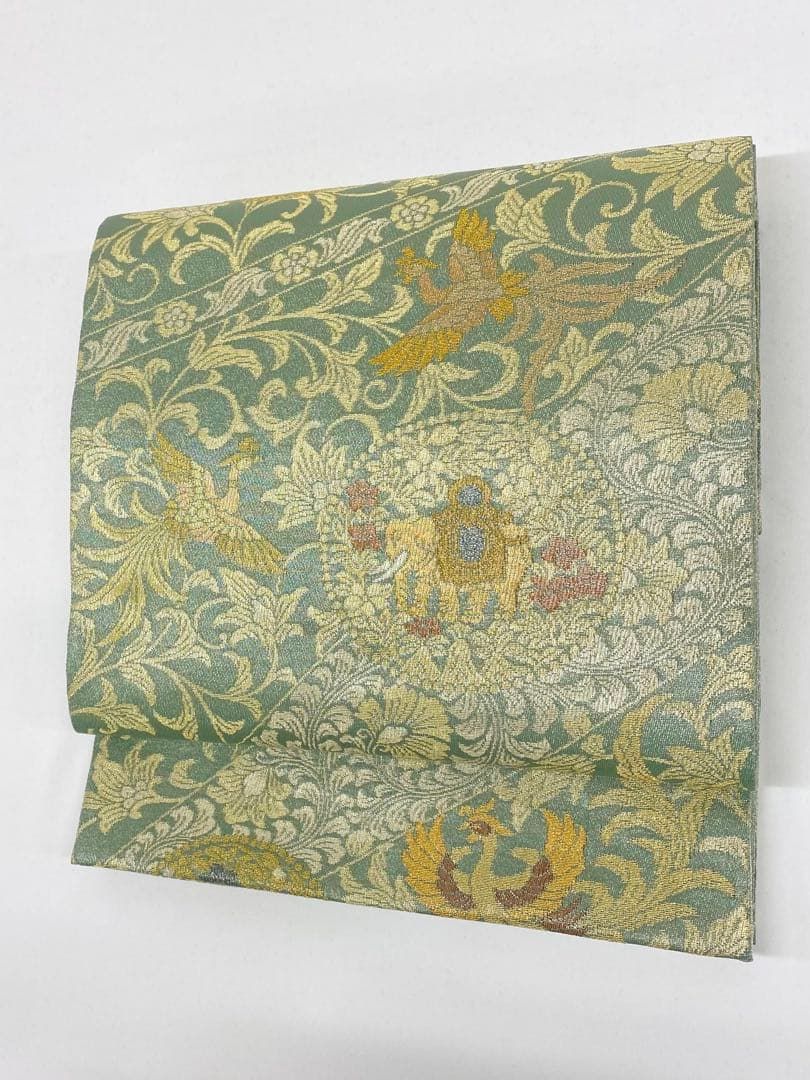井関宗鱗 綾綺織 袋帯 紋屋井関 鳳凰 鳥 象 唐花 正絹 六通 D029 