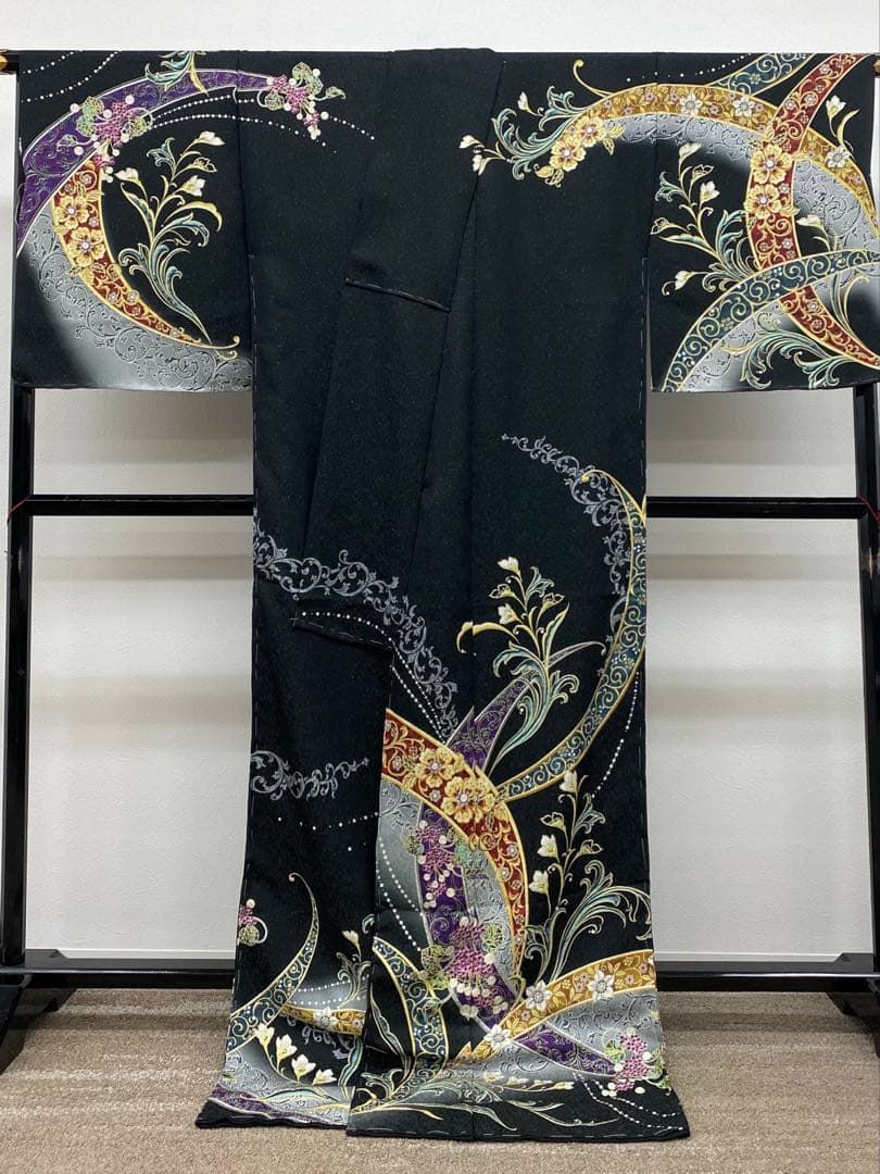 jewel 銀通し 訪問着 仮絵羽 未仕立て品 正絹 八掛付き 黒地 K656