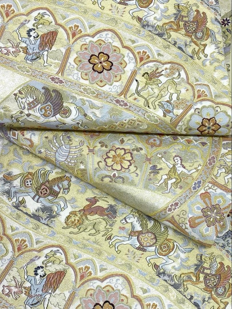 ニ図全通袋帯 壱阡八百織 欧宮の美 金糸 華紋 狩猟文 動物 正絹 ニ図全通袋帯 壱阡八百織 欧宮の美 金糸 華紋 狩猟文 動物 正絹 H782