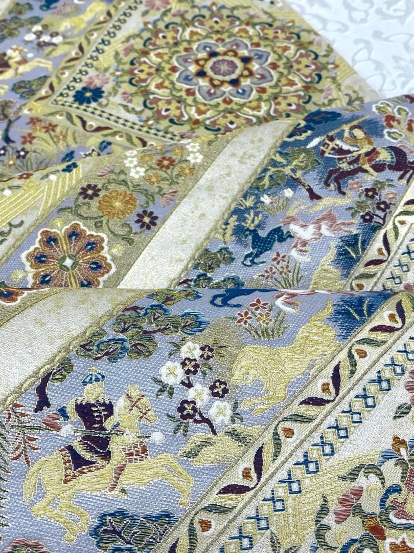 ニ図全通袋帯 壱阡八百織 欧宮の美 金糸 華紋 狩猟文 動物 正絹 ニ図全通袋帯 壱阡八百織 欧宮の美 金糸 華紋 狩猟文 動物 正絹 H782