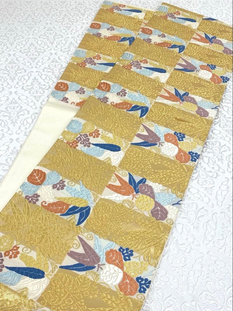 山口美術織物 唐織 市松桐笹文 袋帯 市松 金糸 新品未使用品 正絹 六通