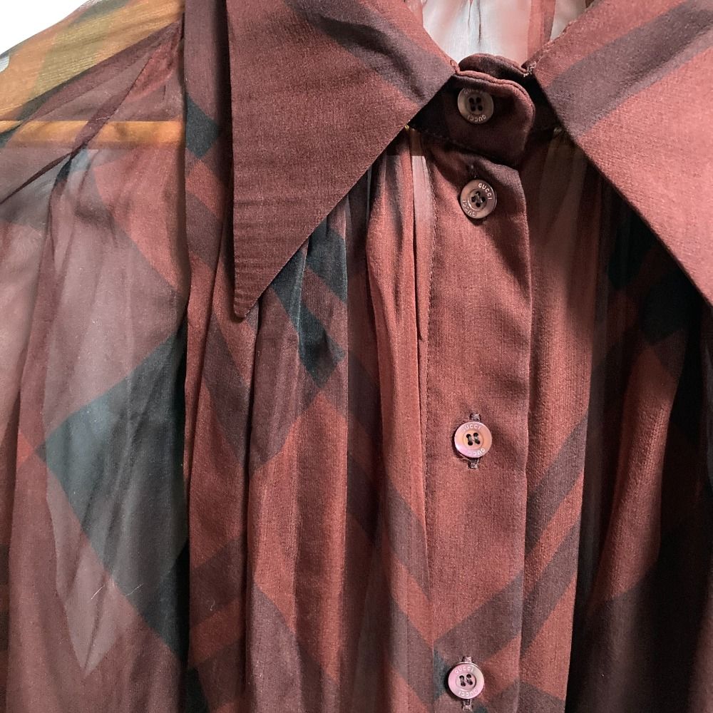 美品 グッチ リボンタイ付きブラウス レディース SIZE 36 (XS以下) GUCCI 美品 GUCCI グッチ チェック柄 リボン ボウタイ 長袖 シアーブラウス シャツ サイズ36 ボルドー レディース 古着 中古 USED