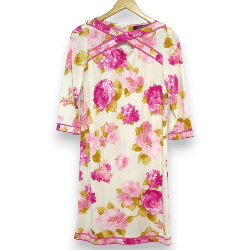 LEONARD レオナール カンカンストレッチ フラワープリント ワンピース サイズ38 アイボリー ピンク レディース 古着
