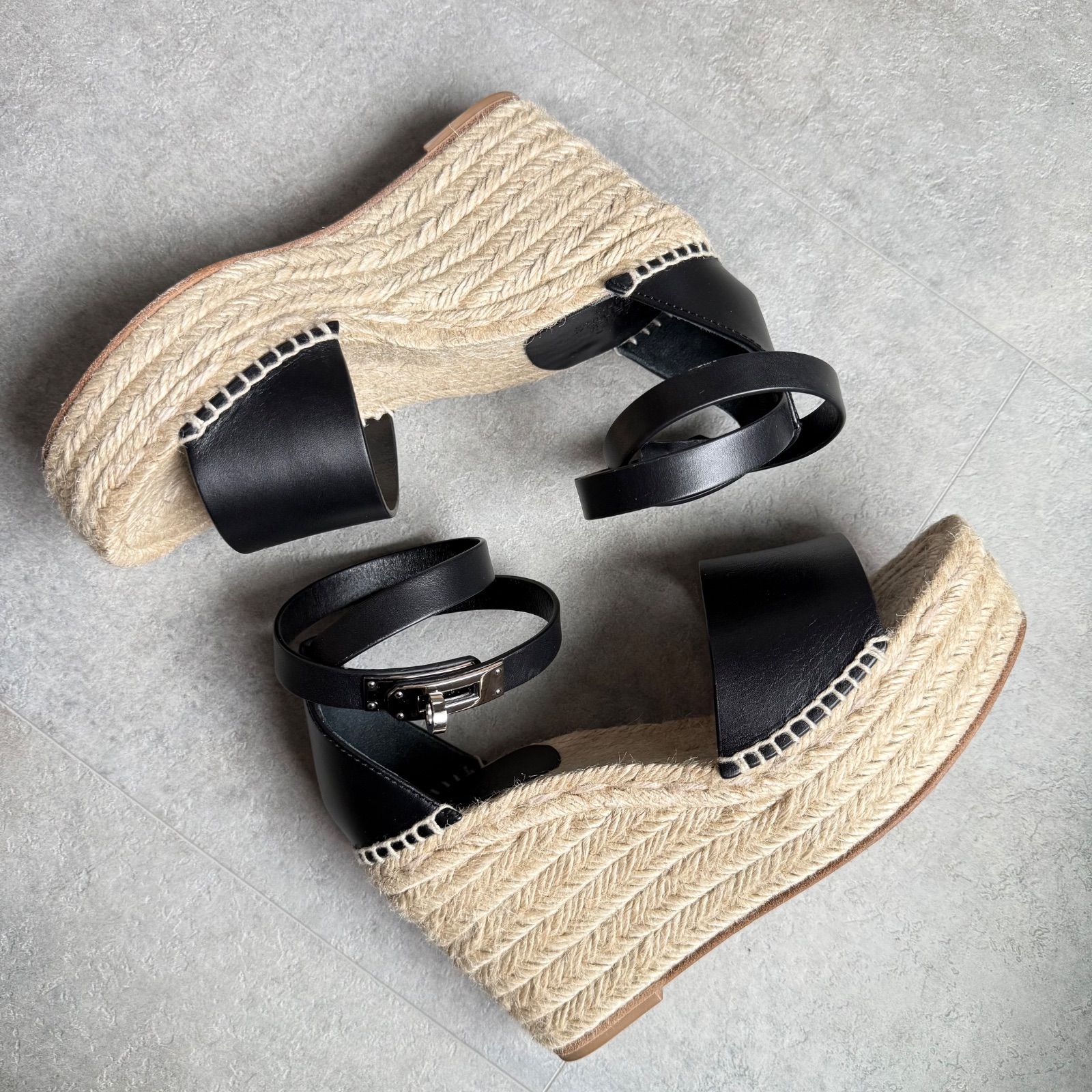 HERMES ティボリ ウェッジソール エスパドリーユ サンダル 35 ブラック 極美品 HERMES ティボリ ウェッジソール エスパドリーユ サンダル 35