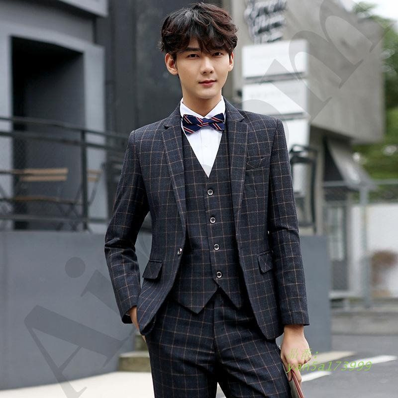 スリーピース スーツ メンズ ビジネススーツ セットアップ 結婚式 チェック ベスト 3点セット スーツセットアップ 通勤 カジュアルスーツ 細身 yan5a173999
