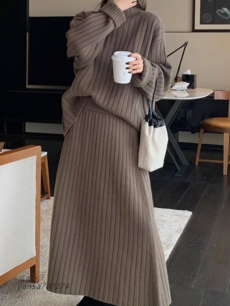 ニット レディース 韓国 セットアップ ミモレ丈 スカート ハイネック ゆったり カジュアル 無地 モックネック リブ 上下セット リブ編み yan5a707274