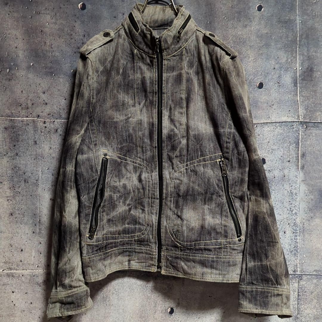 grunge denim jacket/Y2K/ブリーチ加工 Y2K デニム シングルライダース