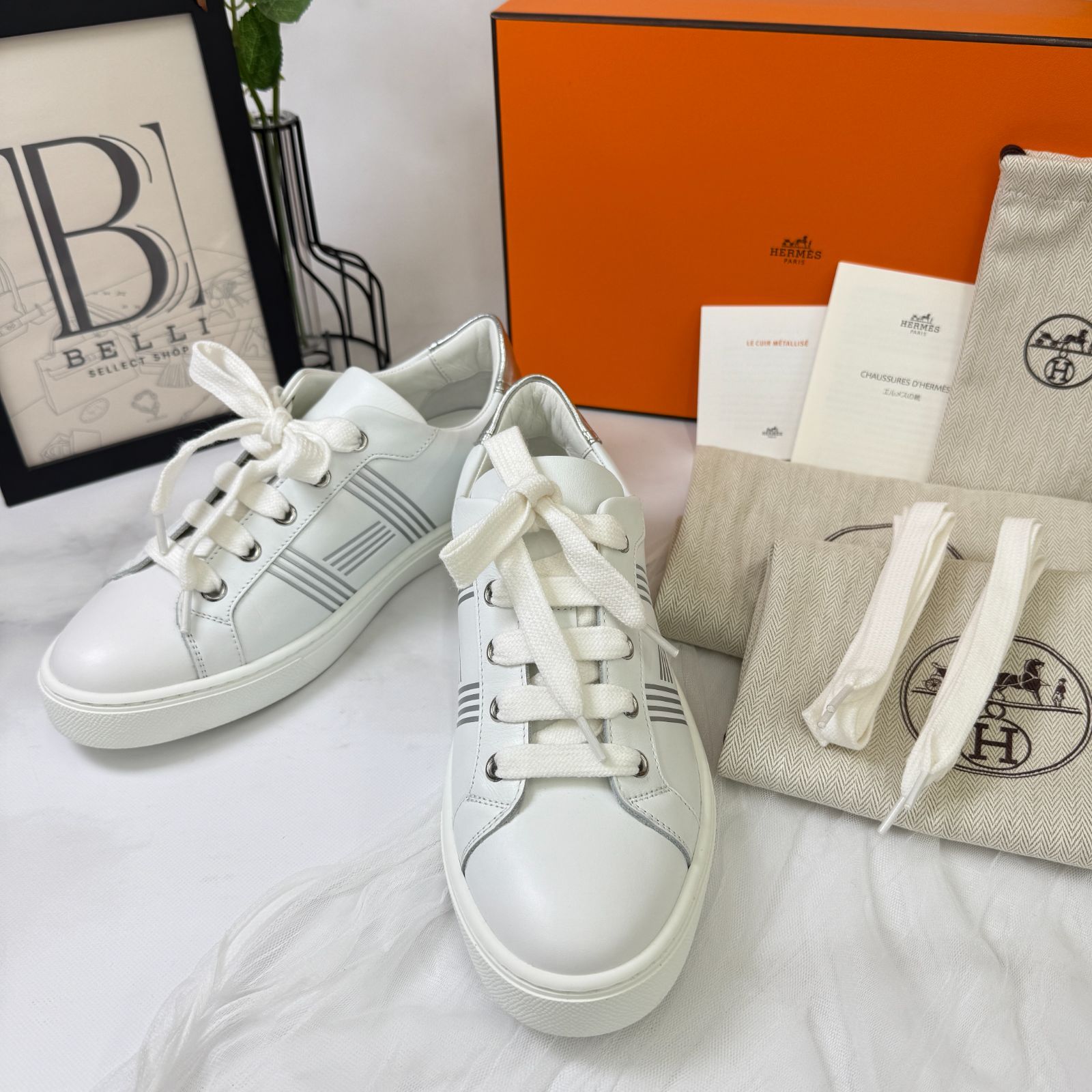 鑑定済み エルメス アヴァンタージュ 37 24 cm程度 ホワイト シルバー 金具 カーフ スニーカー Hロゴ AVANTAGE