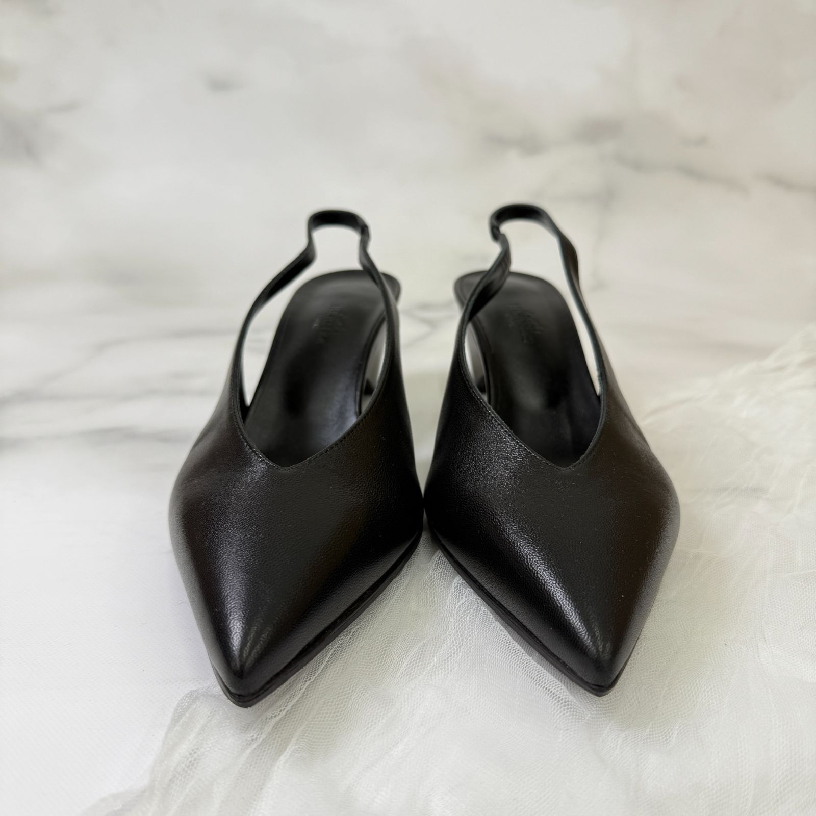 鑑定済み エルメス アンティム 37.5 24 cm程度 55 ブラック レザー パンプス バックル スリングバック