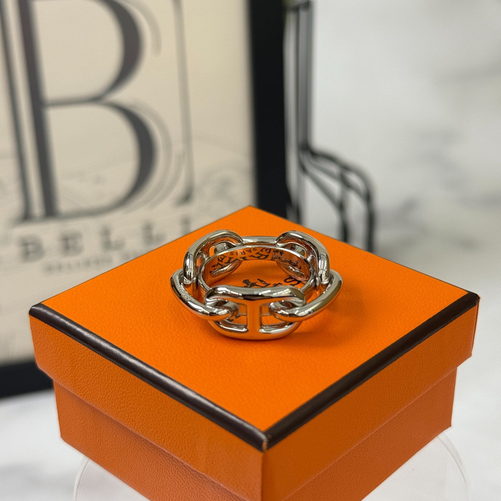 鑑定済み エルメス レガート シルバー 90 スカーフリング シェーヌダンクル カレ 90用