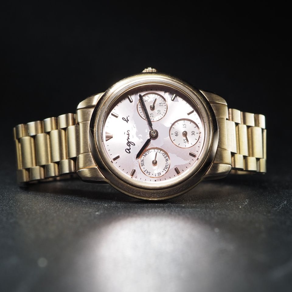 agnes b.】 アニエスベー GP QZ デイデイト 世界地図 ラウンド ピンク