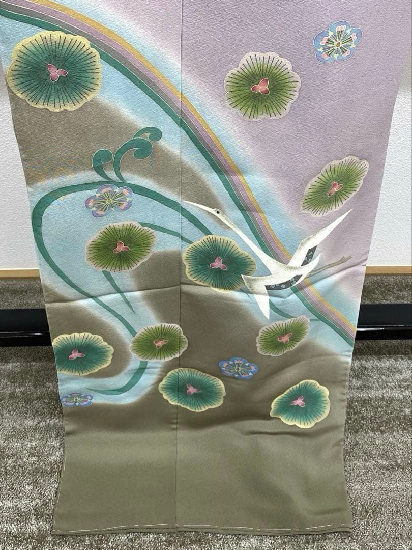 百貫華峰 加賀友禅 訪問着 落款入 「流水に鶴松梅の図」 仮絵羽 未 