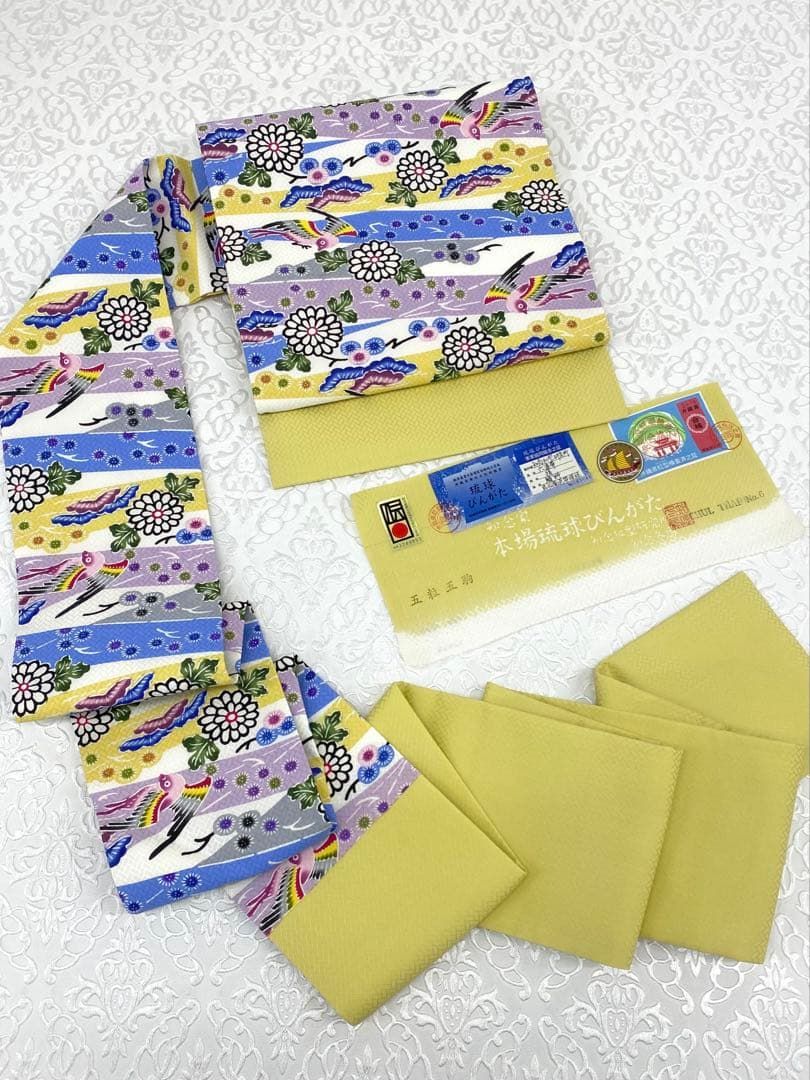 本場琉球びんがた 知念冬馬 落款入 紅型 九寸名古屋帯 鳥 未使用品 