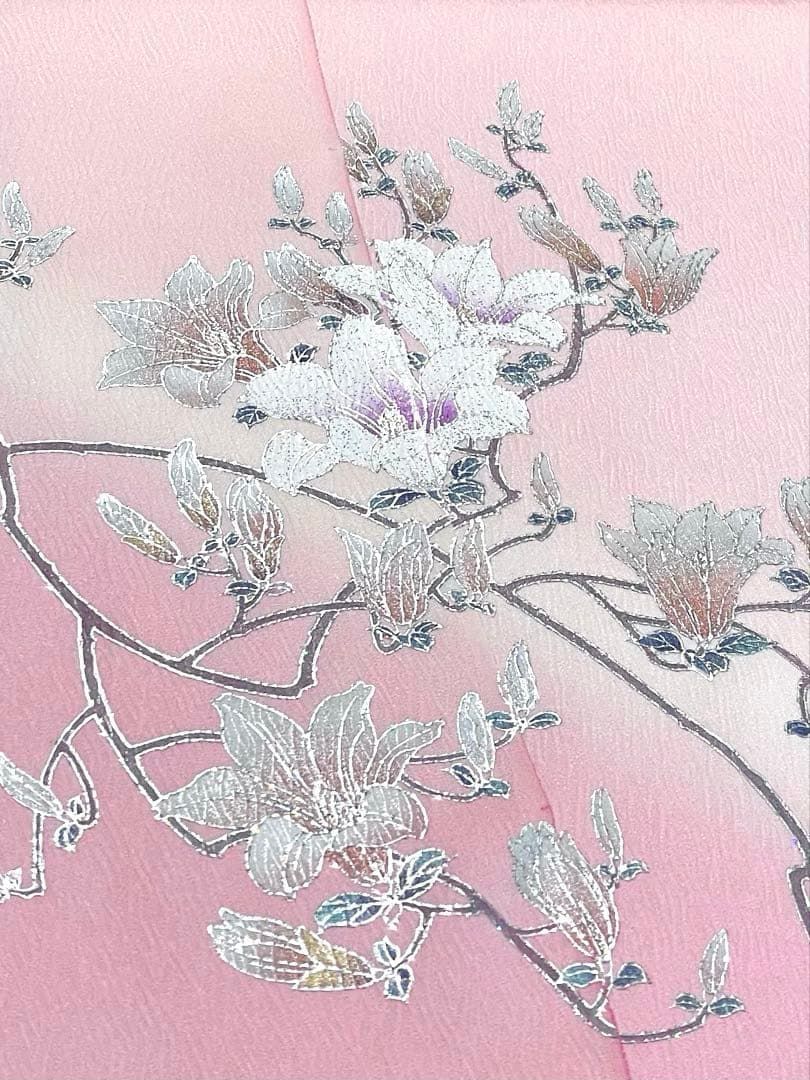 金彩作家 太田洋 付け下げ 百合にカスミソウ 反物 銀彩 グリッター