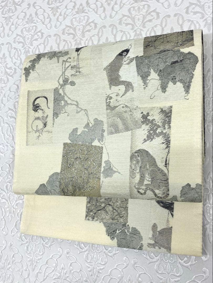 伊藤若沖 全通 袋帯 若冲水墨図絵巻 画遊人 葡萄 虎 鶴 鯉 正絹 - メルカリ