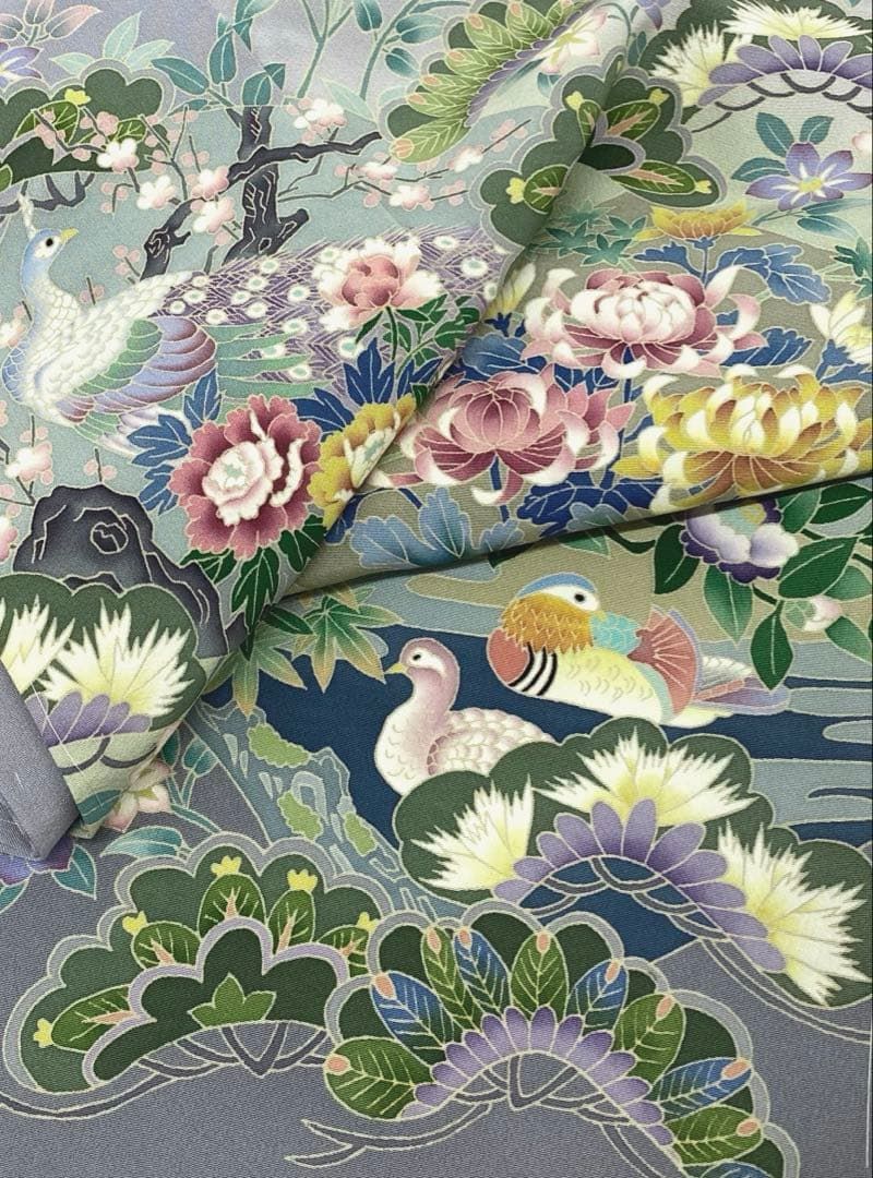 加賀友禅 松下信幸 落款入 色留袖 仮絵羽 未仕立て品 「色紙鴛鳥」正絹