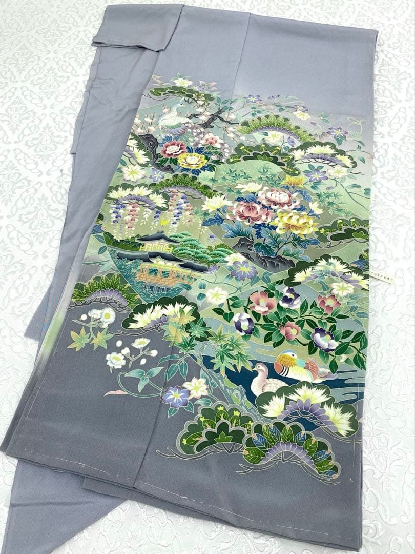 加賀友禅 松下信幸 落款入 色留袖 仮絵羽 未仕立て品 「色紙鴛鳥」正絹