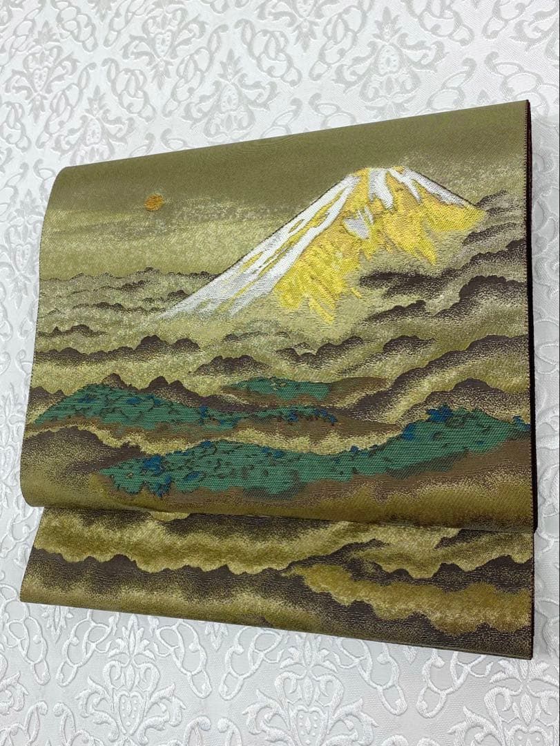 横山大観 落款入 西陣織 じゅらく 袋帯 未仕立て品 富士山 金糸 正絹 