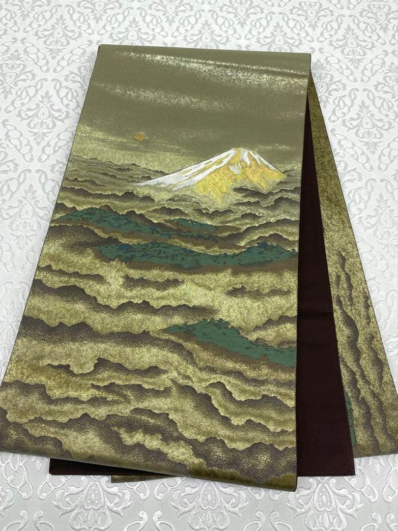 横山大観 落款入 西陣織 じゅらく 袋帯 未仕立て品 富士山 金糸 正絹 