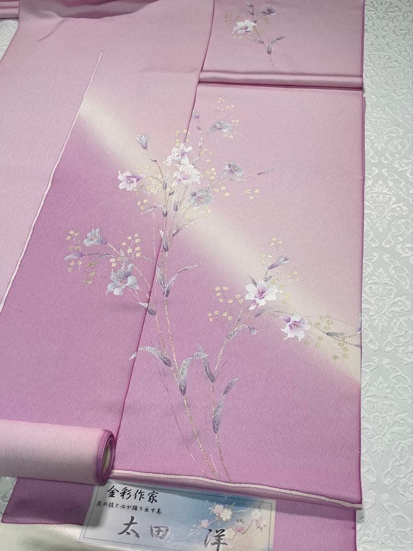 金彩作家 太田洋 付け下げ 反物 百合にかすみ草 銀彩 グリッター 紋意匠 正絹 金彩作家 太田洋 付け下げ 反物 百合にかすみ草 銀彩 グリッター 紋