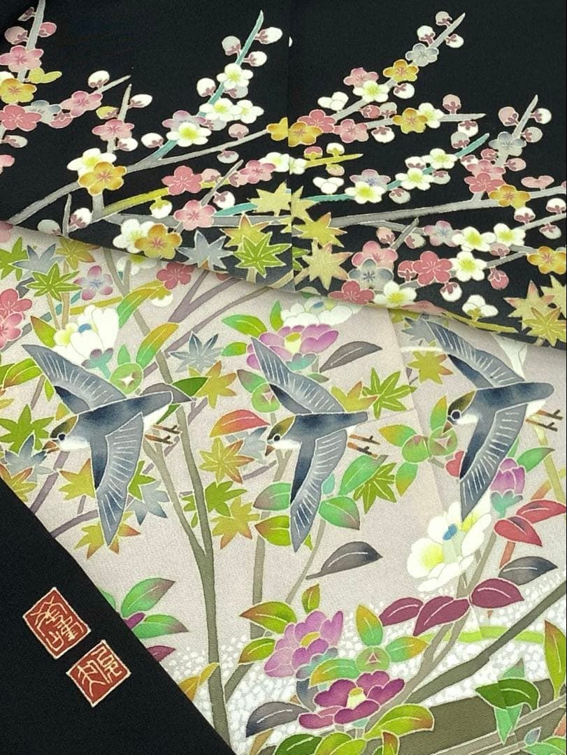 百貫華峰 加賀友禅 黒留袖 落款入 仮絵羽 未仕立て品 鳥 正絹 百貫華峰 加賀友禅 黒留袖 落款入 仮絵羽 未仕立て品 鳥 正絹 - メルカリ