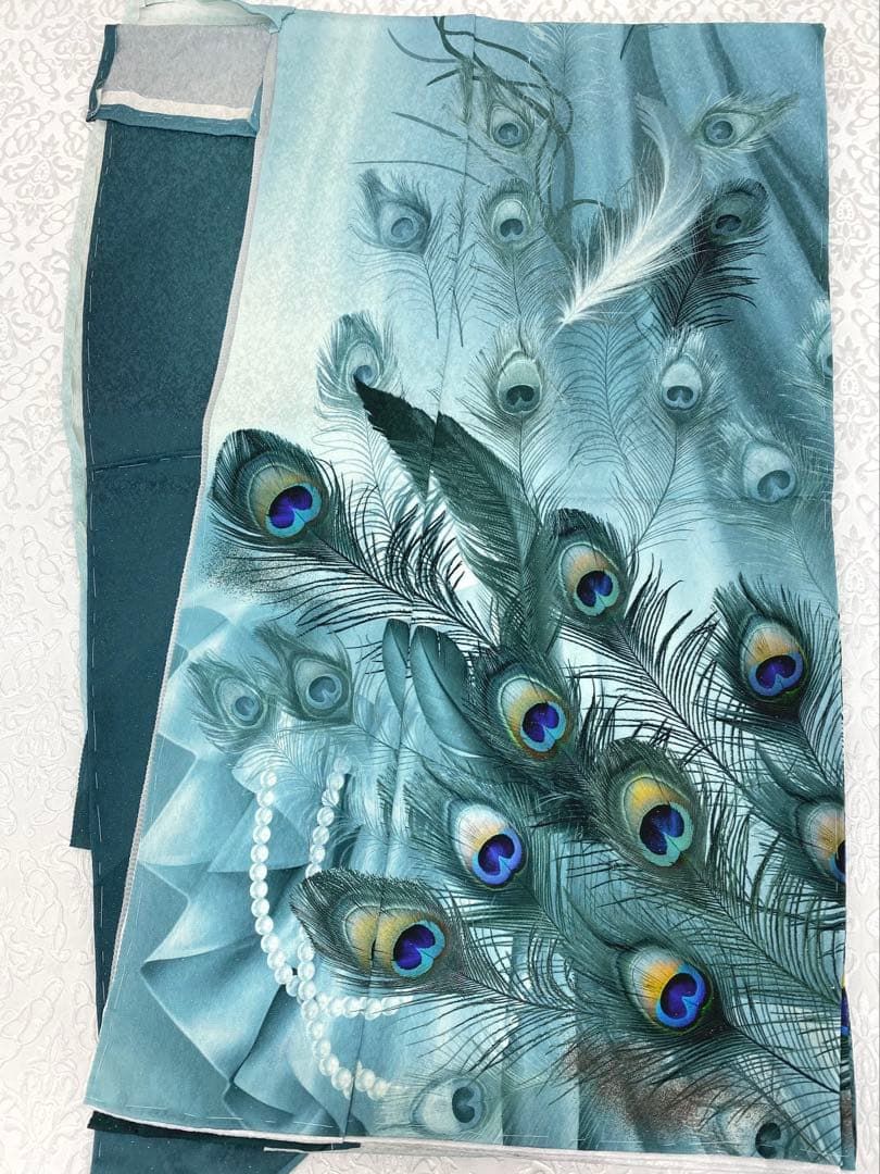 孔雀 訪問着 豪華 銀通し 仮絵羽 未仕立て品 八掛付き 正絹 大衆演劇