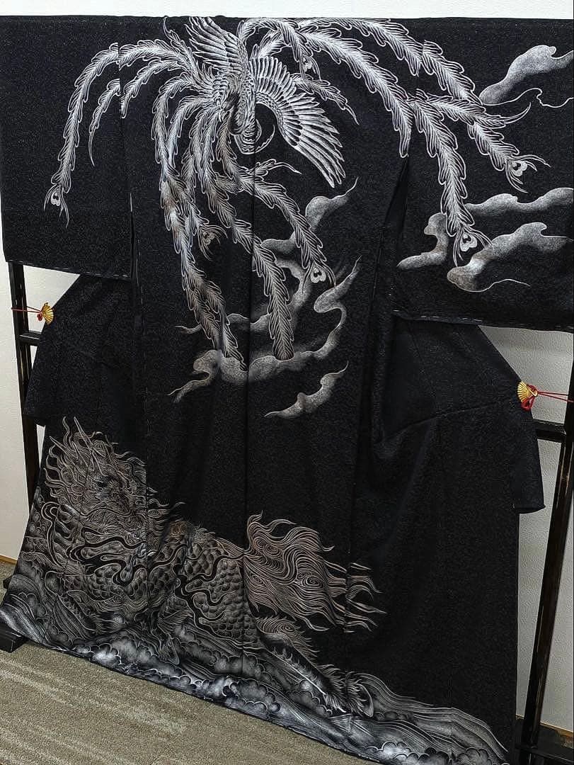 唐獅子 鳳凰 訪問着 豪華 銀通し 銀彩 仮絵羽 未仕立て品 八掛付き