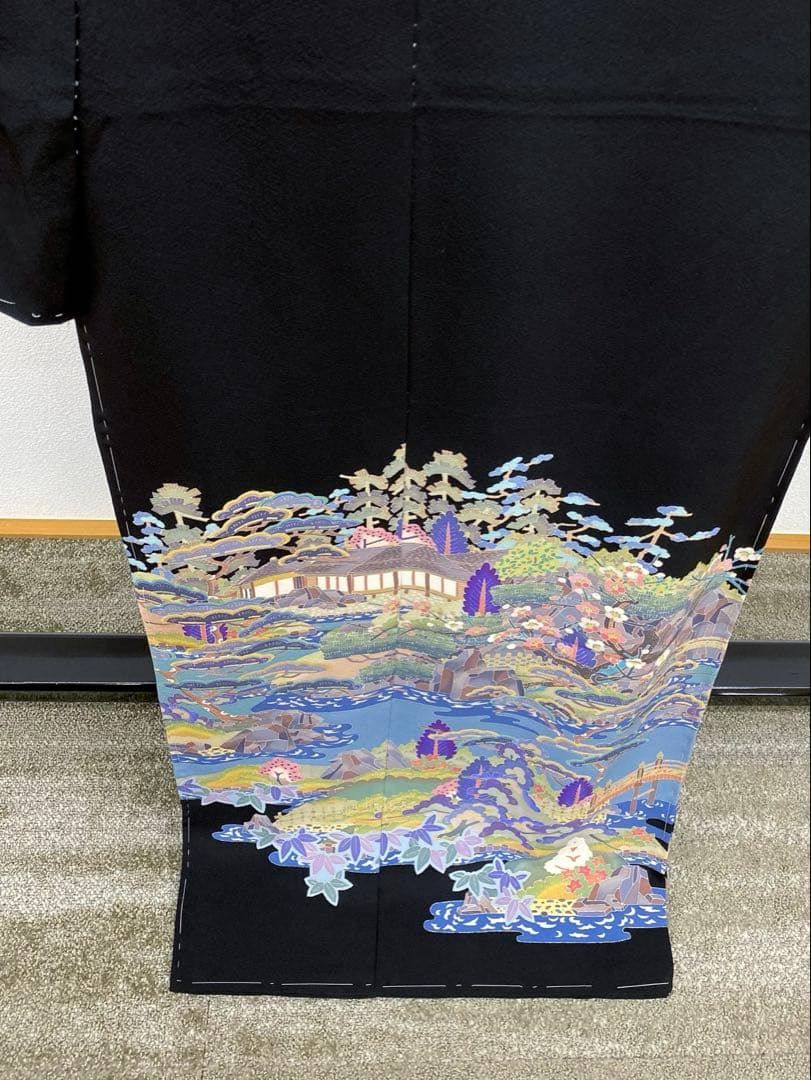 加賀友禅 下村陽明 黒留袖 落款入 仮絵羽 未仕立て品 「栗林公園」正絹