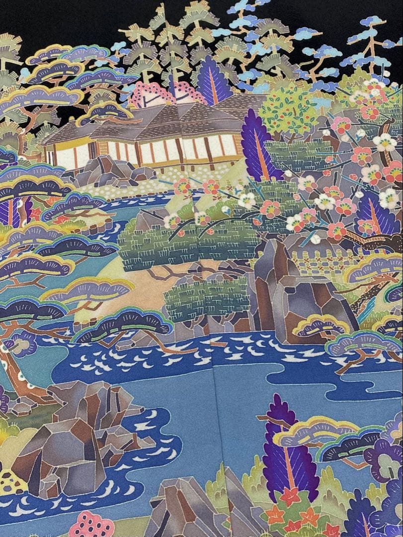 加賀友禅 下村陽明 黒留袖 落款入 仮絵羽 未仕立て品 「栗林公園」正絹 加賀友禅 下村陽明 黒留袖 落款入 仮絵羽 未仕立て品 「栗林公園」正絹