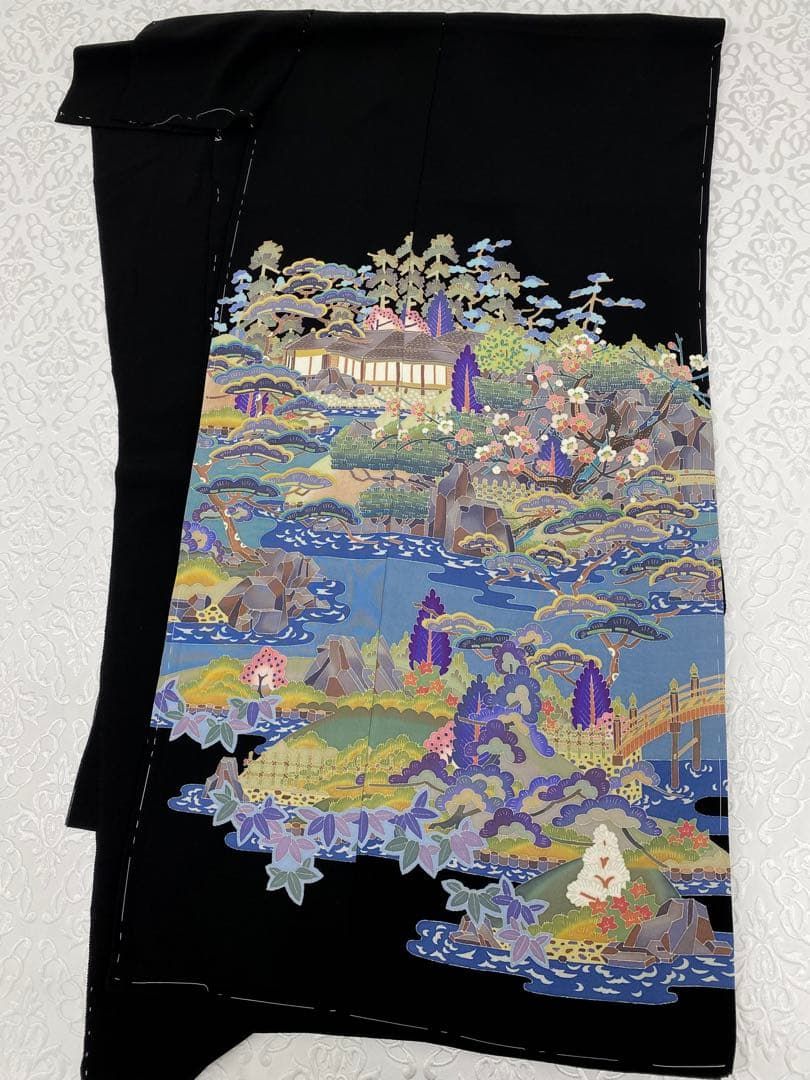 加賀友禅 下村陽明 黒留袖 落款入 仮絵羽 未仕立て品 「栗林公園」正絹