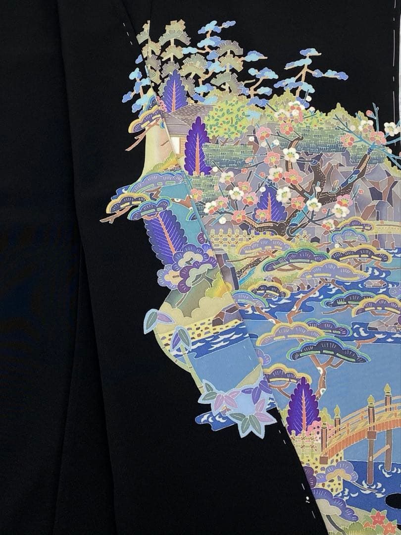 加賀友禅 下村陽明 黒留袖 落款入 仮絵羽 未仕立て品 「栗林公園」正絹 加賀友禅 下村陽明 黒留袖 落款入 仮絵羽 未仕立て品 「栗林公園」正絹