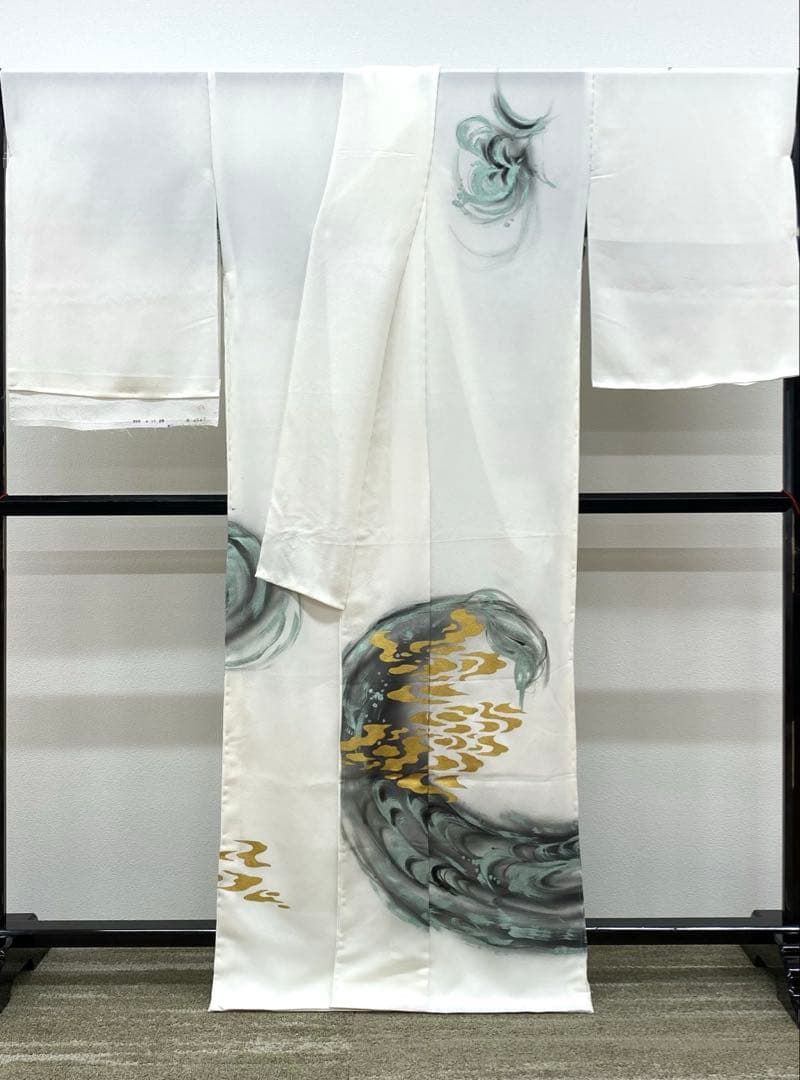 手描き 訪問着 仮絵羽 未仕立て品 金彩 ストーン 龍 浜ちりめん 正絹 