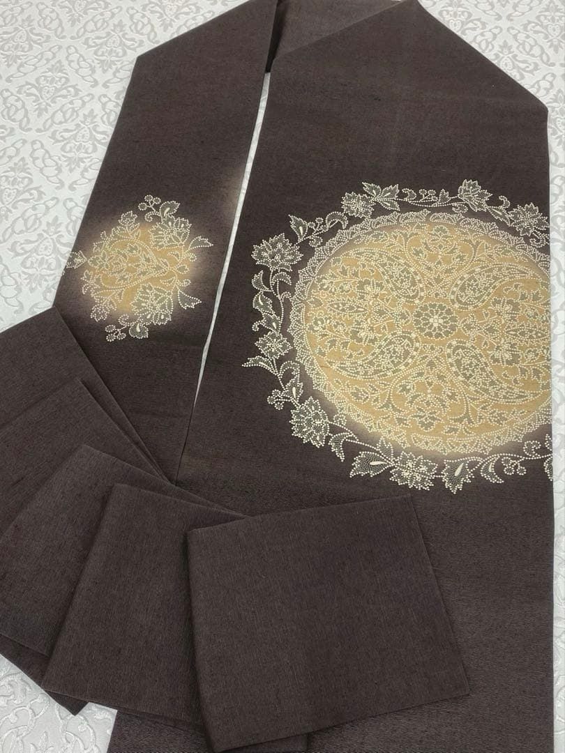 印伝 紬地 ますいわや扱い 九寸名古屋帯 唐花 ペイズリー ガード加工済 印伝 紬地 ますいわや扱い 九寸名古屋帯 唐花 ペイズリー ガード加工済