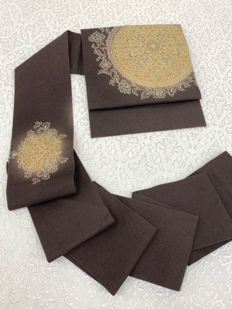 印伝 紬地 ますいわや扱い 九寸名古屋帯 唐花 ペイズリー ガード加工済 印伝 紬地 ますいわや扱い 九寸名古屋帯 唐花 ペイズリー ガード加工済